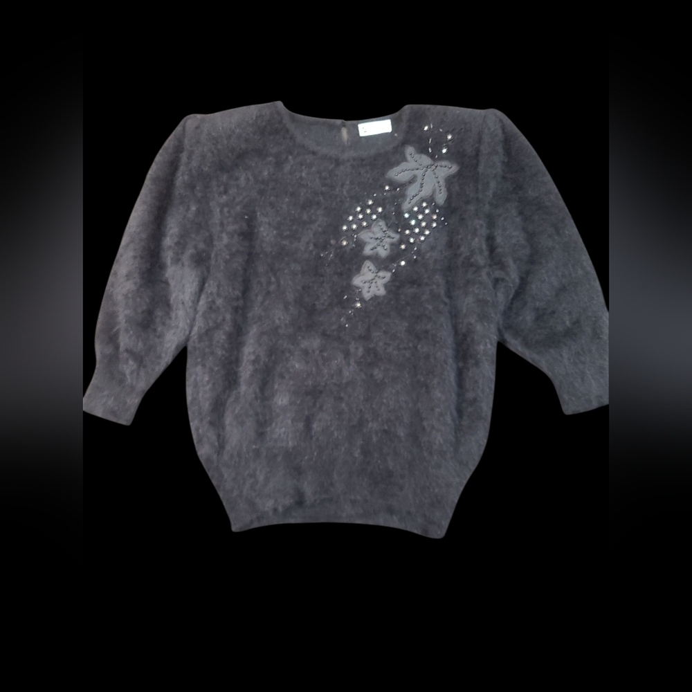 Rosa Vintage Elegant Black Angora Floral Embelished Sweater Size Approx Large